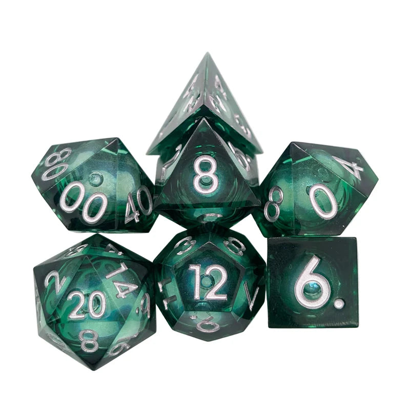 Shimmer Green and Silver Liquid Core Dice Set
