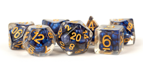 RESIN 7 DICE SET PEARL ROYAL BLUE W/GOLD 16MM