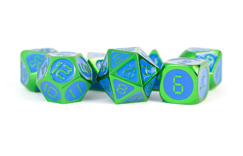 Metal 7 Dice Set Green w/ Blue Enamel 16mm