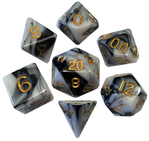 ACRYLIC 7 DICE SET MARBLE W/GOLD 16MM