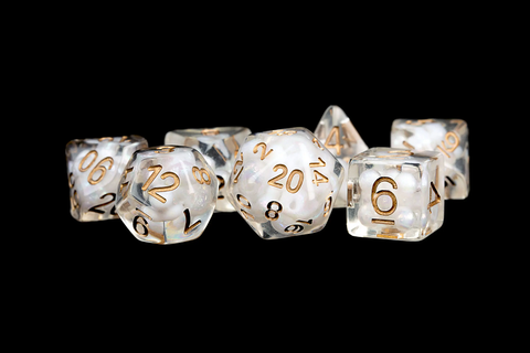RESIN 7 DICE SET PEARL W/ COPPER NUMBERS 16MM