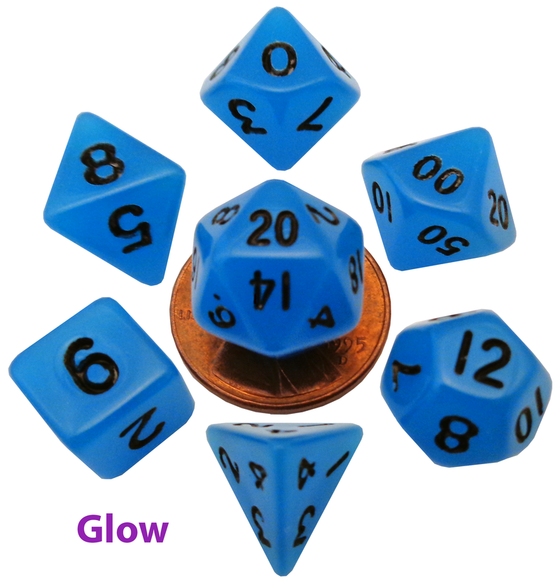 Mini 7 Dice Set Glow Blue 10mm