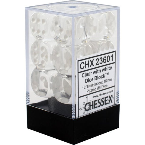 Translucent Clear w/ White - 16mm D6 Dice