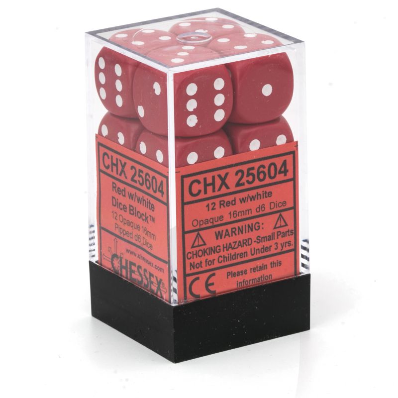 Opaque Red w/ White - 16mm D6 Dice