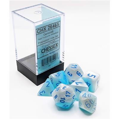 Gemini Pearl Turquoise White w/ blue Polyhedral 7-die set Luminary