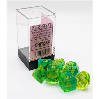 Gemini Translucent Green Teal w/ yellow Polyhedral 7-die set