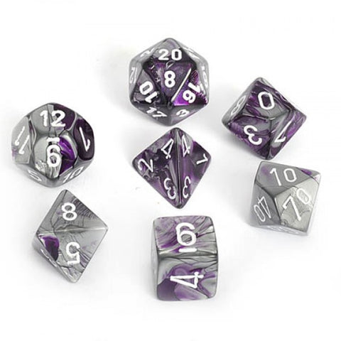 Gemini Purple-Steel/ White Polyhedral 7-die set