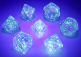 Borealis purple/white Polyhedral 7-die set Luminary Effect Glows in the Dark