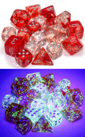 Nebula Red/Silver Polyhedral 7-die set Luminary Effect Glows in the Dark