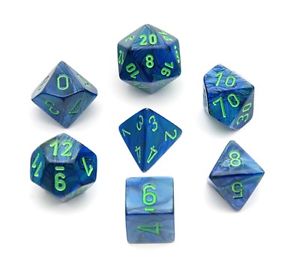 Lustrous Dark Blue w/green Polyhedral 7-die set
